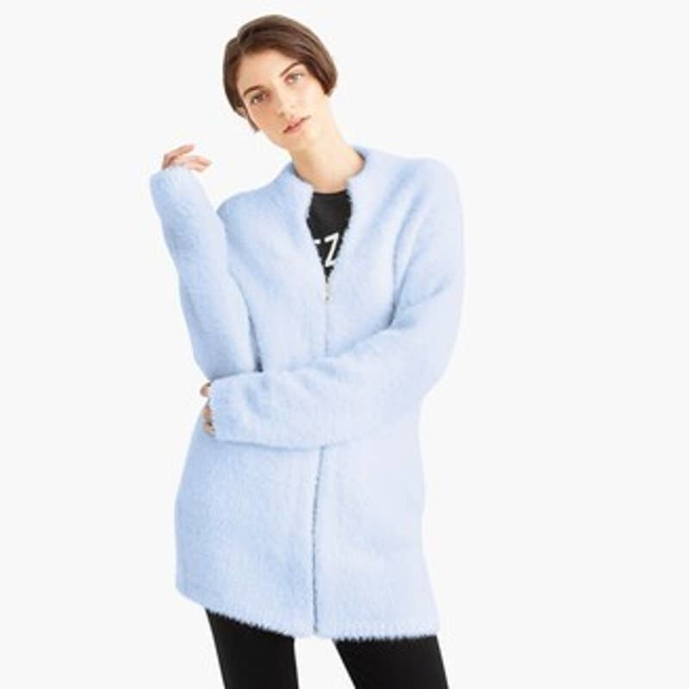 J. Crew Blue Point Sur Fuzzy Cardigan Jacket Full Zip Mock Neck Longline, sz L